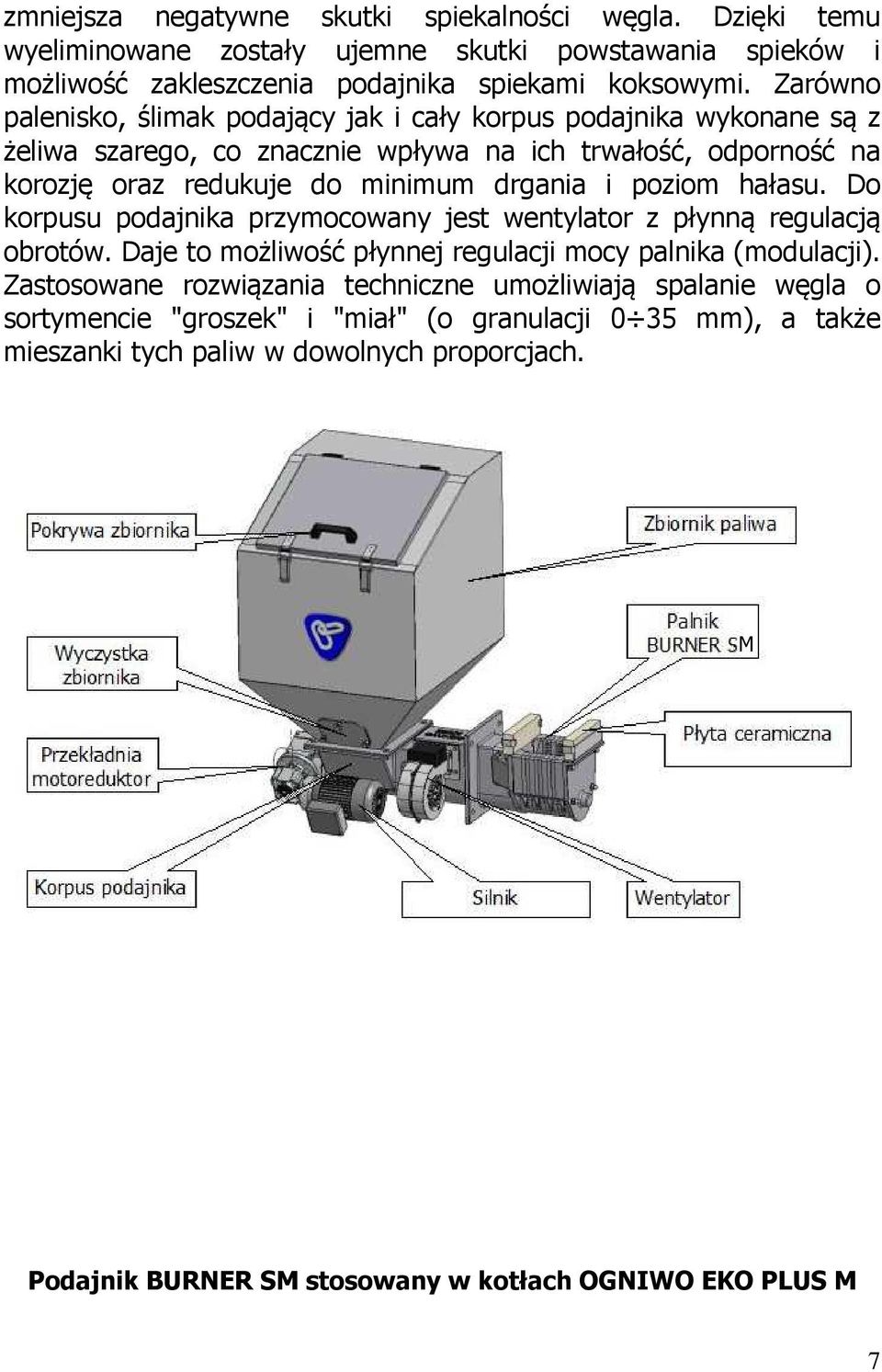 poziom hałasu. Do korpusu podajnika przymocowany jest wentylator z płynną regulacją obrotów. Daje to możliwość płynnej regulacji mocy palnika (modulacji).