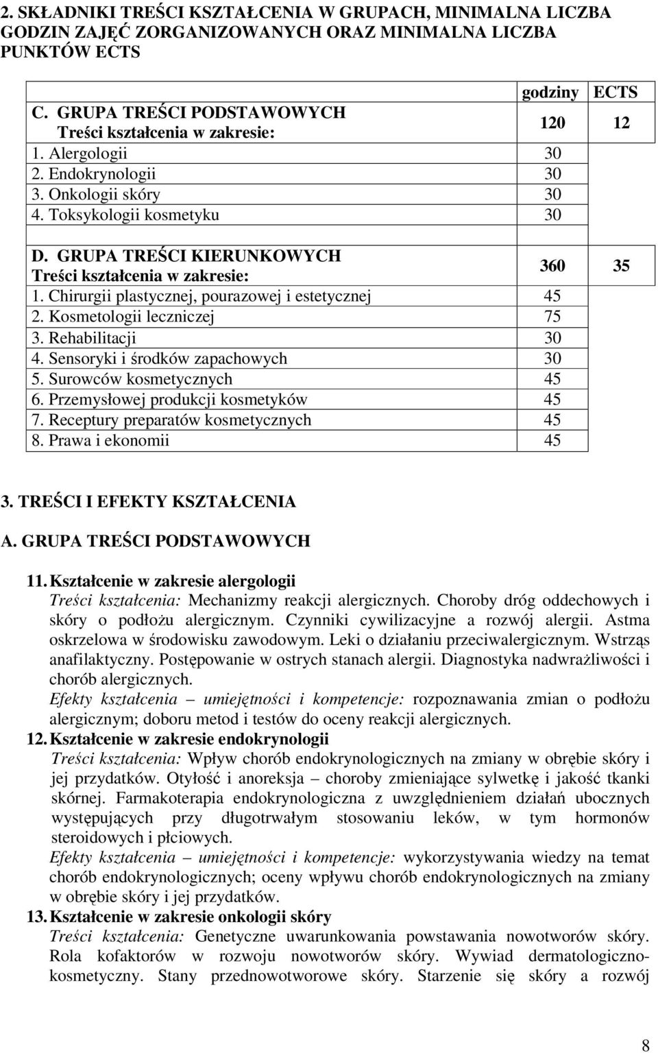 GRUPA TREŚCI KIERUNKOWYCH Treści kształcenia w zakresie: 360 35 1. Chirurgii plastycznej, pourazowej i estetycznej 45 2. Kosmetologii leczniczej 75 3. Rehabilitacji 30 4.