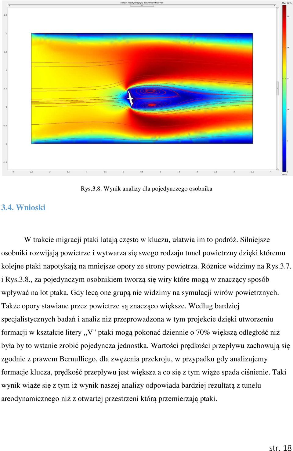i Rys.3.8., za pojedynczym osobnikiem tworzą się wiry które mogą ą w znaczący sposób wpływać na lot ptaka. Gdy lecą one grupą nie widzimy na symulacji wirów powietrznych.