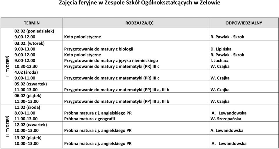Lipińska R. Pawlak - Skrok I. Jachacz W. Czajka 4.02 (środa) 9.00-11.00 Przygotowanie do matury z matematyki (PR) III c W. Czajka 05.02 (czwartek) 11.00-13.