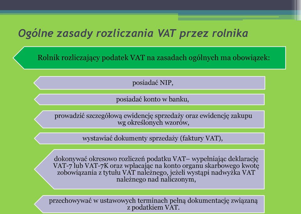 dokonywać okresowo rozliczeń podatku VAT wypełniając deklarację VAT-7 lub VAT-7K oraz wpłacając na konto organu skarbowego kwotę zobowiązania z