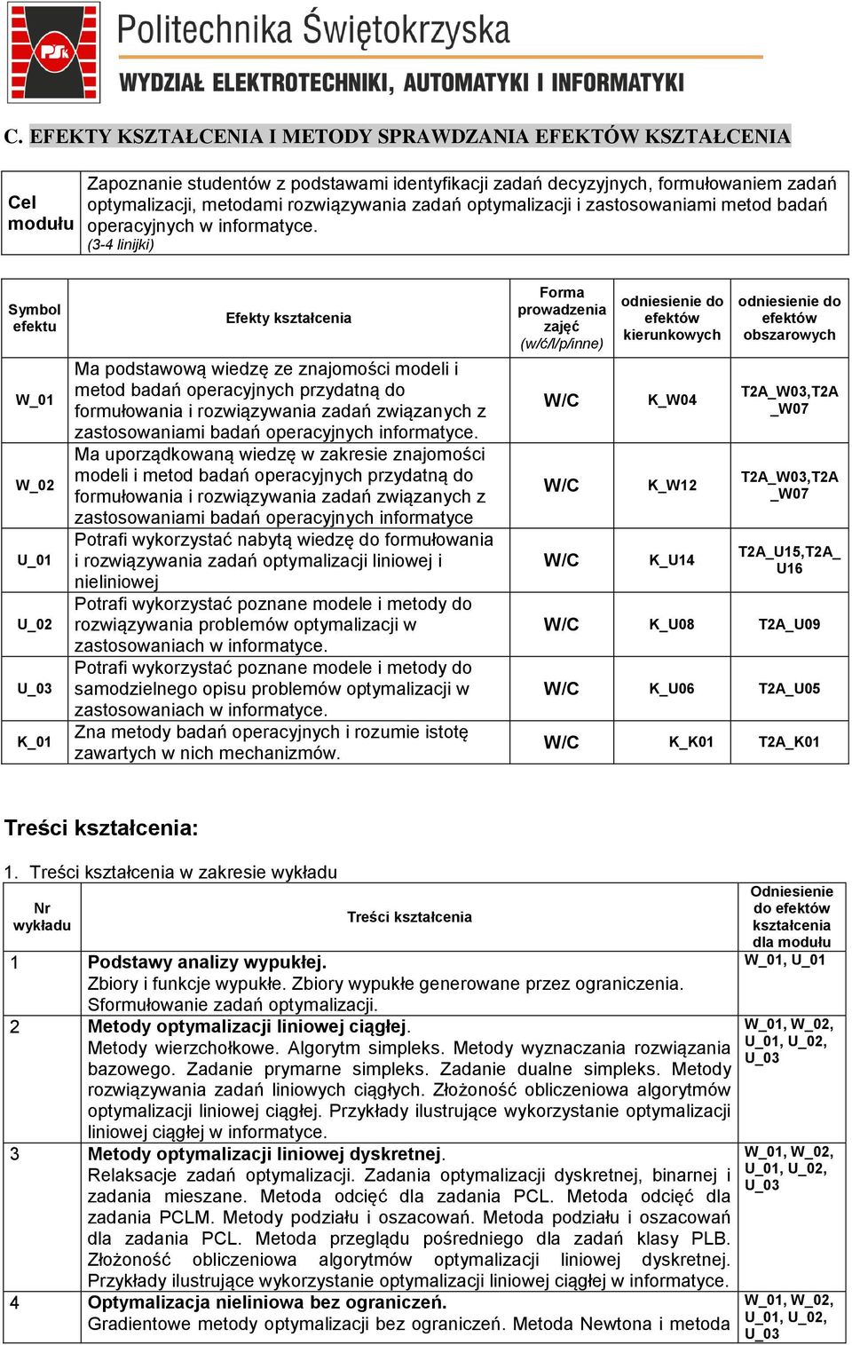 (3-4 linijki) Symbol efektu W_01 W_02 U_01 U_02 Efekty kształcenia Ma podstawową wiedzę ze znajomości modeli i metod badań operacyjnych przydatną do formułowania i rozwiązywania zadań związanych z