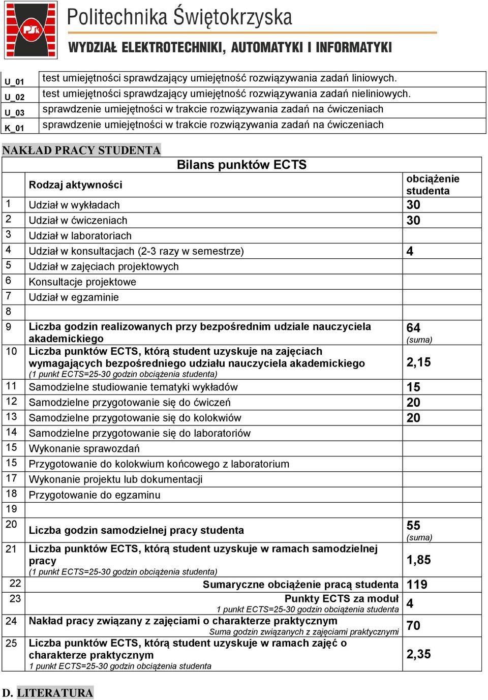 1 Udział w wykładach 30 2 Udział w ćwiczeniach 30 3 Udział w laboratoriach 4 Udział w konsultacjach (2-3 razy w semestrze) 4 5 Udział w zajęciach projektowych 6 Konsultacje projektowe 7 Udział w