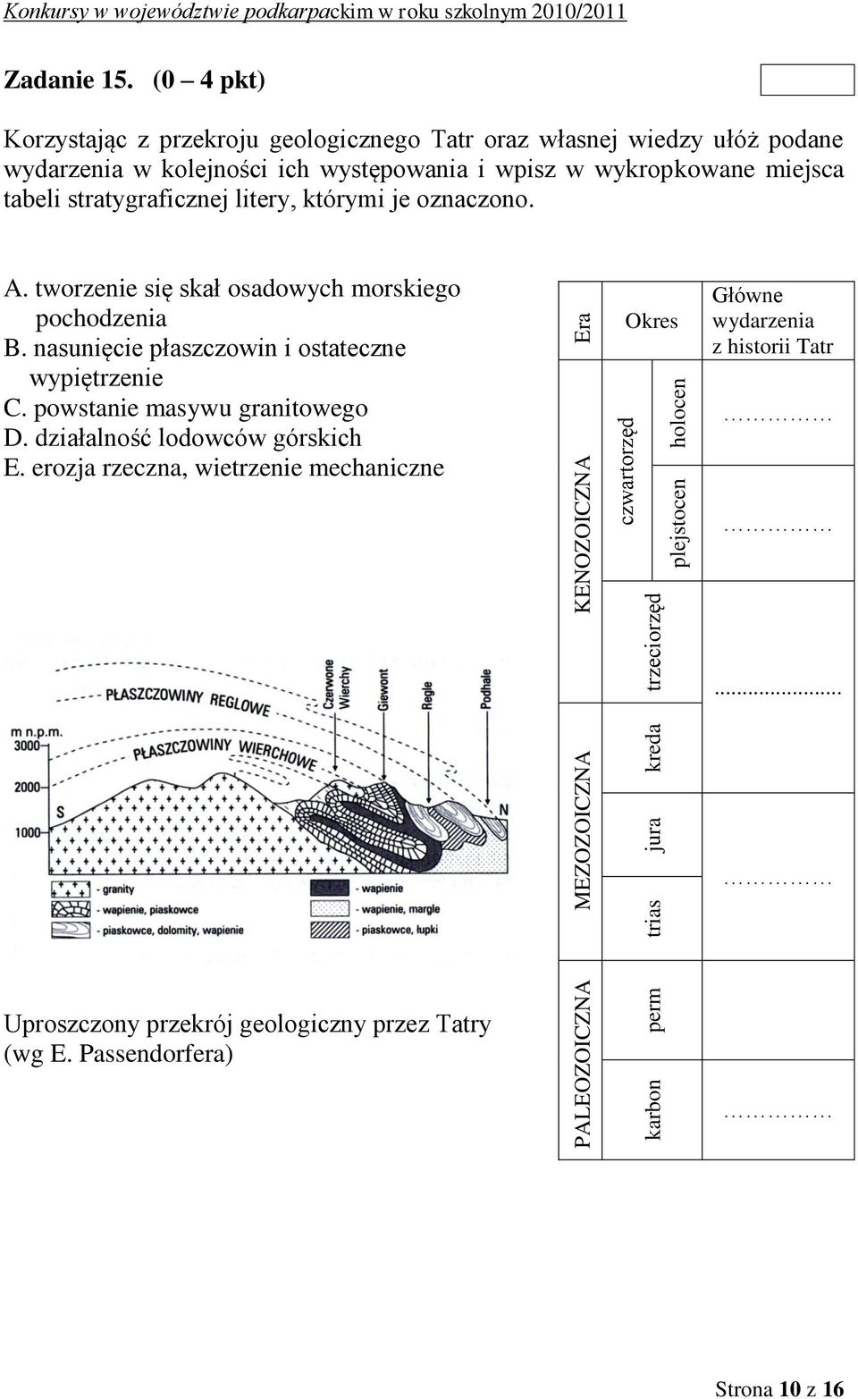 (0 4 pkt) Korzystając z przekroju geologicznego Tatr oraz własnej wiedzy ułóż podane wydarzenia w kolejności ich występowania i wpisz w wykropkowane miejsca tabeli stratygraficznej