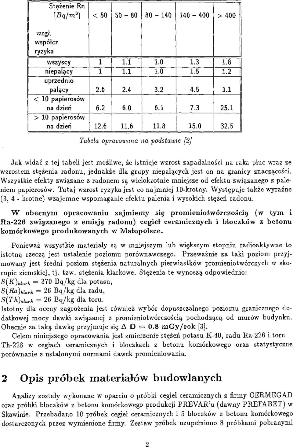 5 Tabela opracowana na podstawie [2] Jak widać z tej tabeli jest możliwe, że istnieje wzrost zapadalności na raka płuc wraz ze wzrostem stężenia radonu, jednakże dla grupy niepalących jest on na