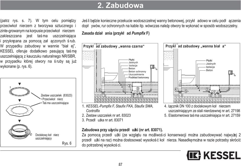 W przypadku zabudowy w wannie biał ej, KESSEL oferuje dodatkowo pasującą taś mę uszczelniąjącą z kauczuku naturalnego NR/SBR, w przypadku której otwory na ś ruby są już wykonane (p. rys. 6). 2.