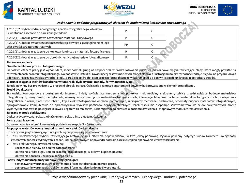 dobrać prawidłowe naświetlenie materiału zdjęciowego A 20.2(1)7. dobrać światłoczułość materiału zdjęciowego z uwzględnieniem jego właściwości strukturometrycznych A 20.3(1)1.