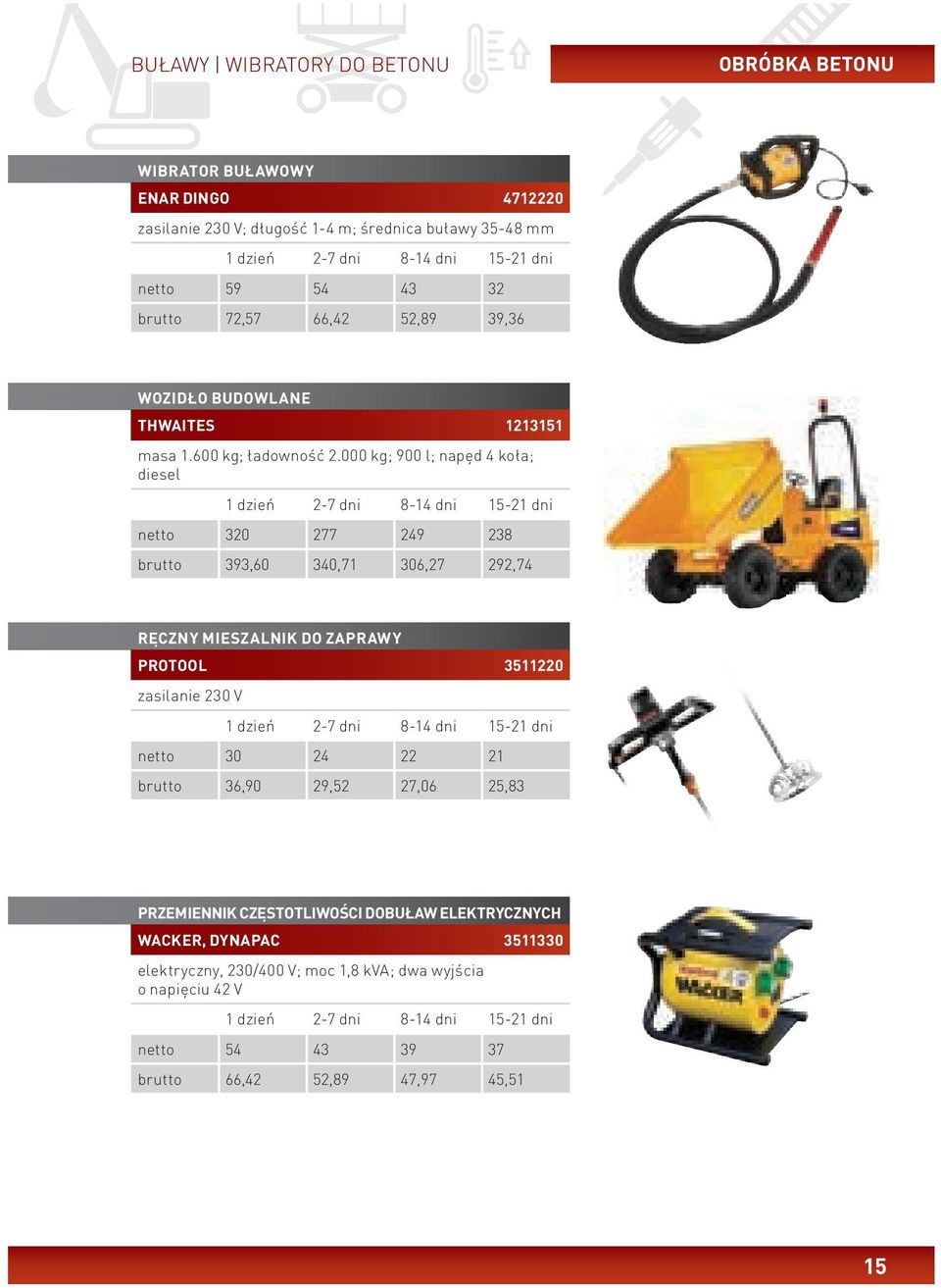 000 kg; 900 l; napęd 4 koła; diesel netto 320 277 249 238 brutto 393,60 340,71 306,27 292,74 RĘCZNY MIESZALNIK DO ZAPRAWY PROTOOL 3511220 zasilanie 230 V netto