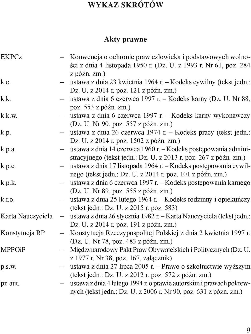 U. Nr 90, poz. 557 z późn. zm.) k.p. ustawa z dnia 26 czerwca 1974 r. Kodeks pracy (tekst jedn.: Dz. U. z 2014 r. poz. 1502 z późn. zm.) k.p.a. ustawa z dnia 14 czerwca 1960 r.