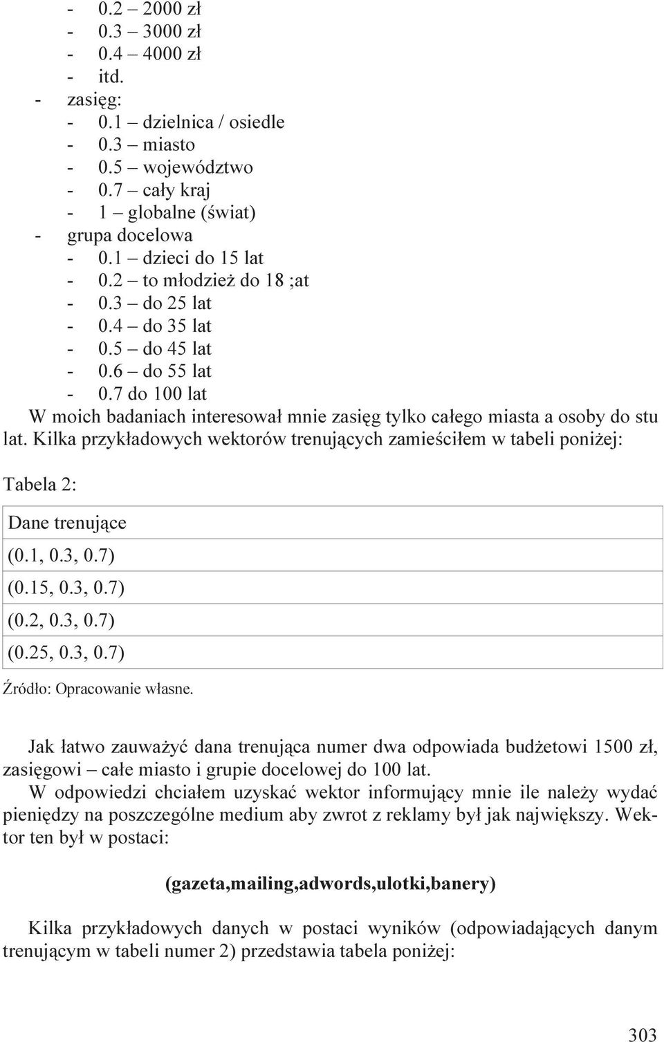 Kilka przykładowych wektorów trenujących zamieściłem w tabeli poniżej: Tabela 2: Dane trenujące (0.1, 0.3, 0.7) (0.15, 0.3, 0.7) (0.2, 0.3, 0.7) (0.25, 0.3, 0.7) Źródło: Opracowanie własne.