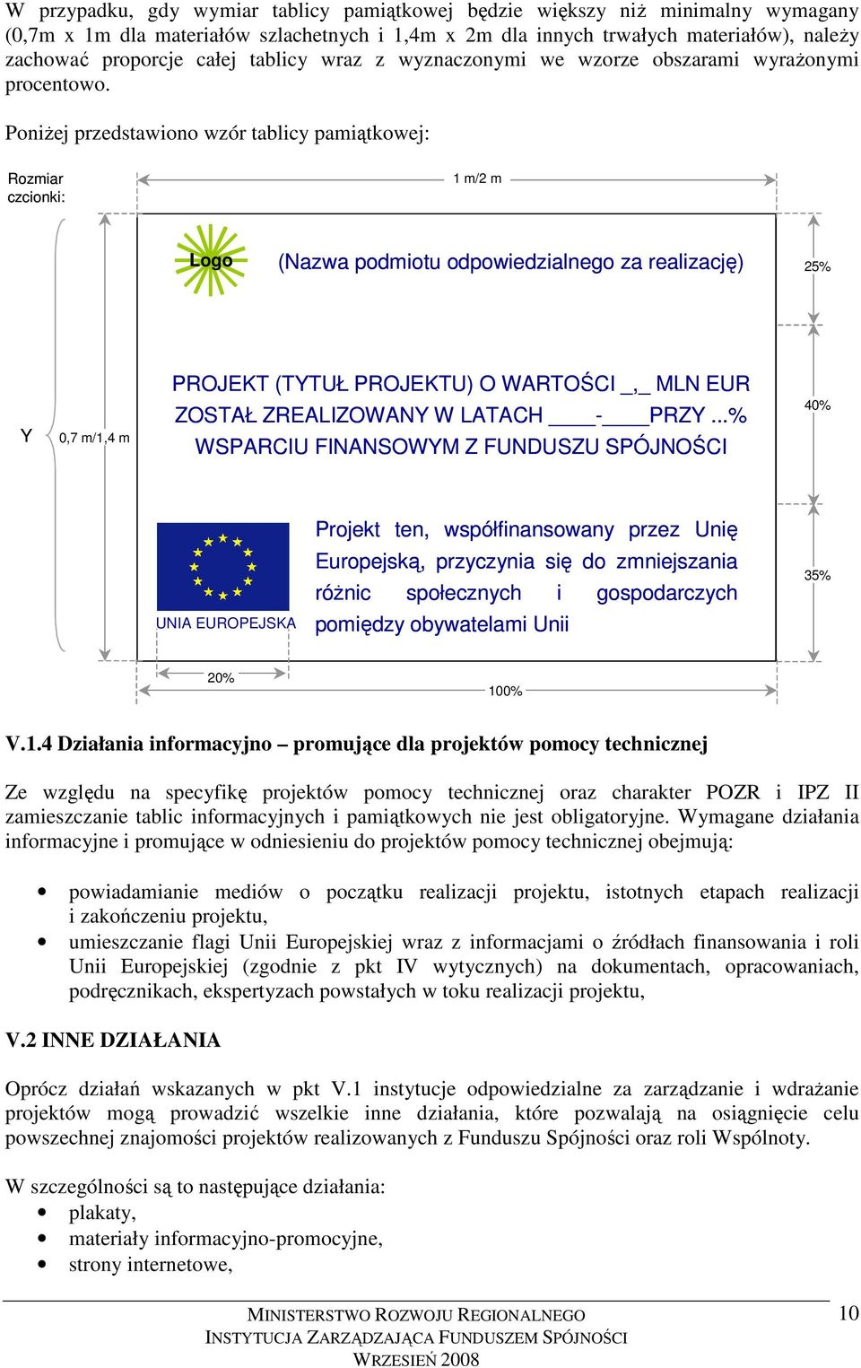 PoniŜej przedstawiono wzór tablicy pamiątkowej: Rozmiar czcionki: 1 m/2 m Logo (Nazwa podmiotu odpowiedzialnego za realizację) 25% Y 0,7 m/1,4 m PROJEKT (TYTUŁ PROJEKTU) O WARTOŚCI _,_ MLN EUR ZOSTAŁ