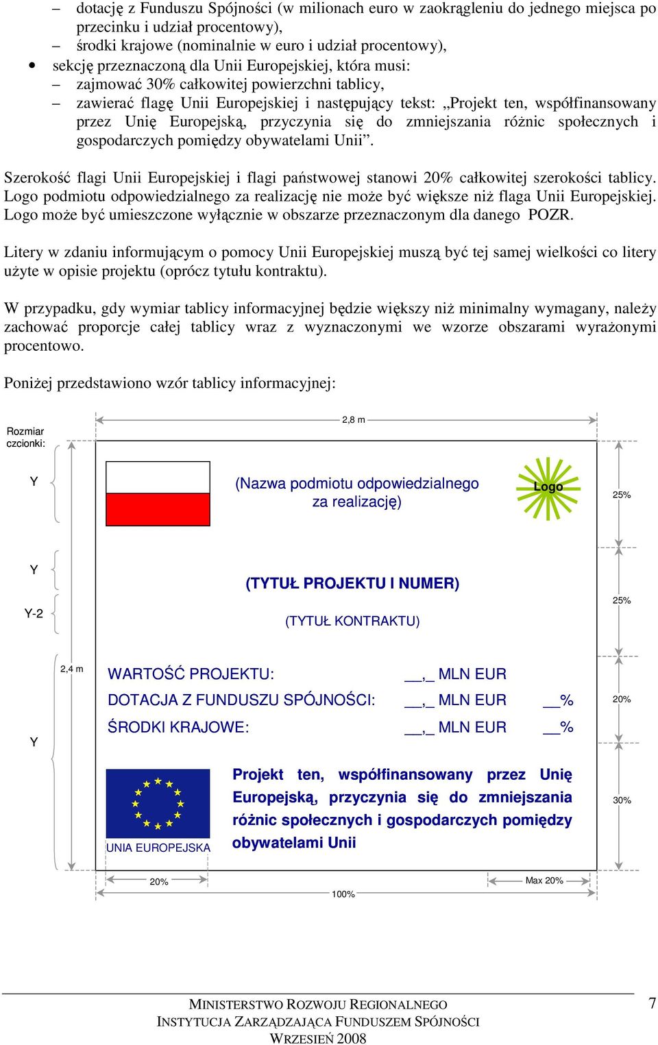 do zmniejszania róŝnic społecznych i gospodarczych pomiędzy obywatelami Unii. Szerokość flagi Unii Europejskiej i flagi państwowej stanowi 20% całkowitej szerokości tablicy.