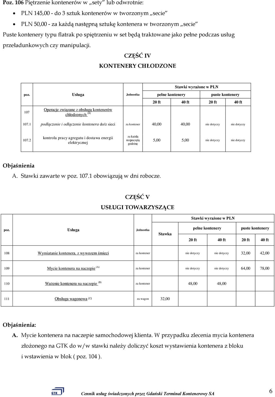 Usługa Jednostka 107 Operacje związane z obsługą kontenerów chłodzonych (A) Stawki wyrażone w PLN pełne kontenery puste kontenery 20 ft 40 ft 20 ft 40 ft 107.