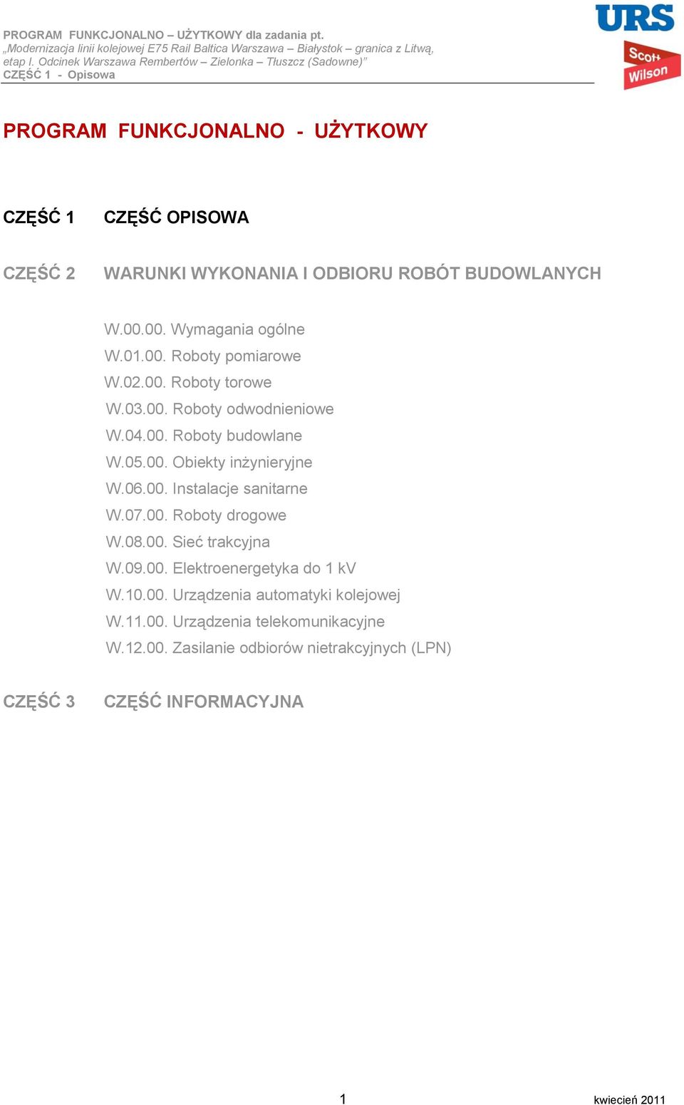 00. Instalacje sanitarne W.07.00. Roboty drogowe W.08.00. Sieć trakcyjna W.09.00. Elektroenergetyka do 1 kv W.10.00. Urządzenia automatyki kolejowej W.