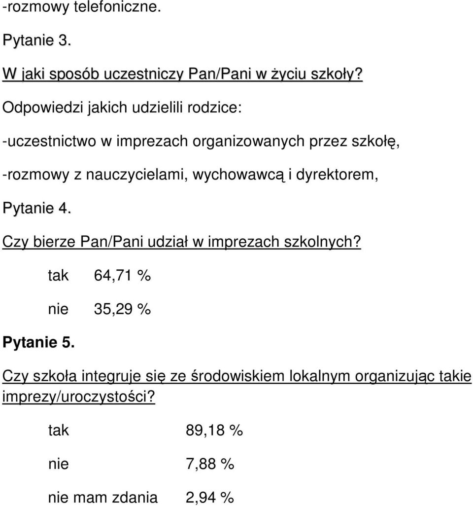 nauczycielami, wychowawc i dyrektorem, Pytanie 4. Czy bierze Pan/Pani udziałw imprezach szkolnych? Pytanie 5.