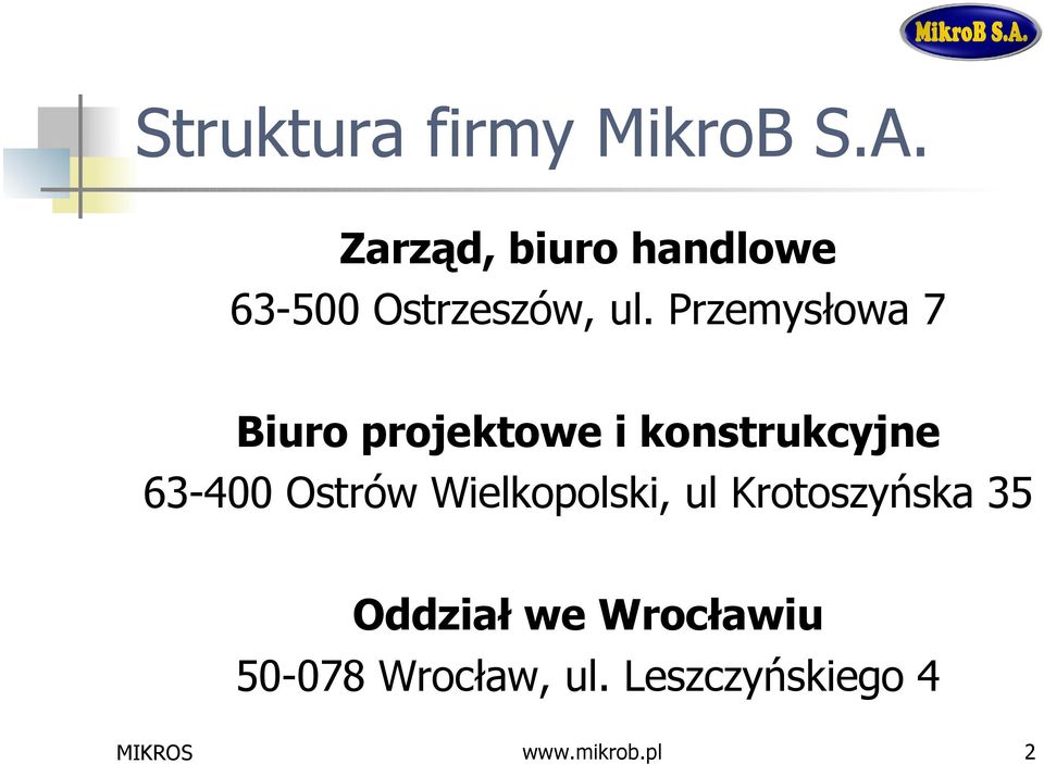 Przemysłowa 7 Biuro projektowe i konstrukcyjne 63-400 Ostrów