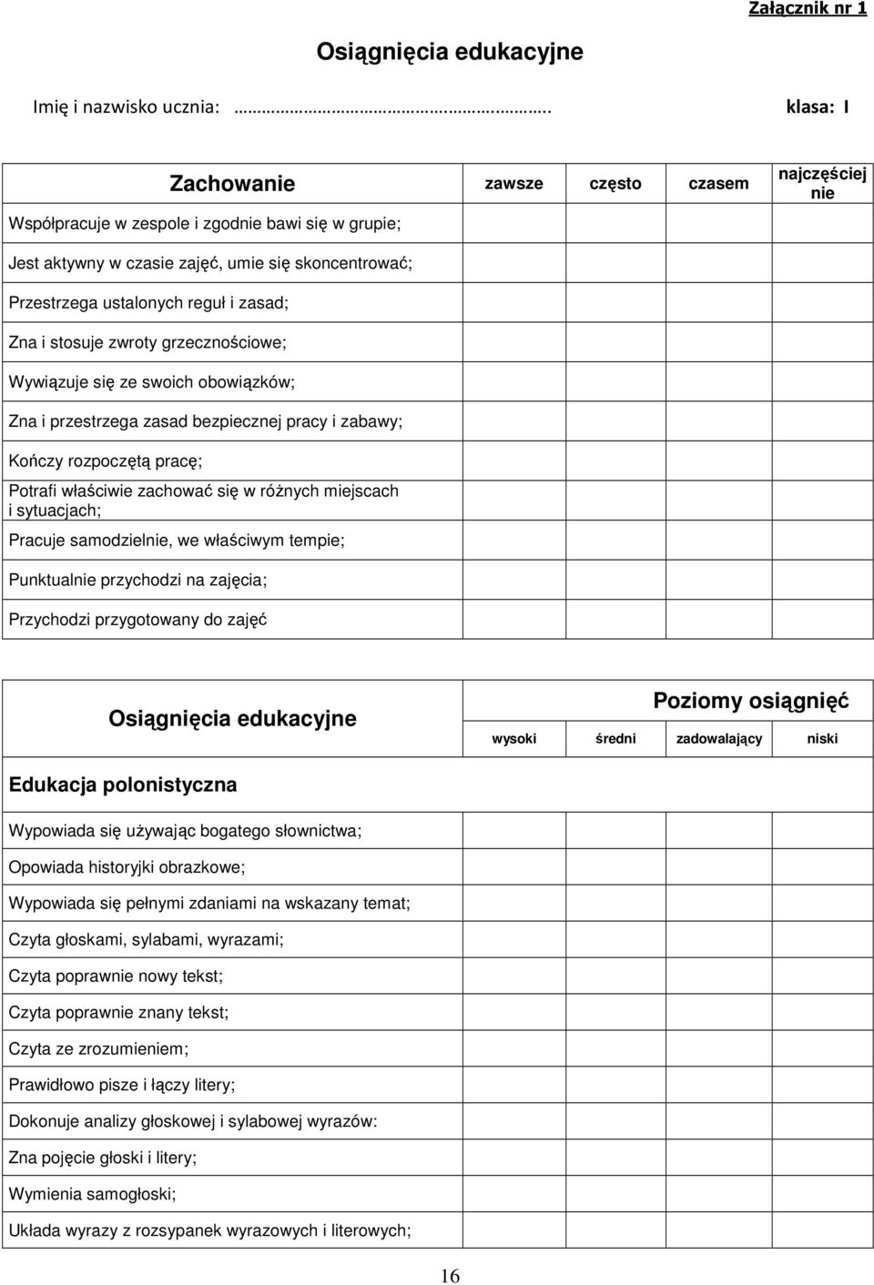 zasad; Zna i stosuje zwroty grzecznościowe; Wywiązuje się ze swoich obowiązków; Zna i przestrzega zasad bezpiecznej pracy i zabawy; Kończy rozpoczętą pracę; Potrafi właściwie zachować się w róŝnych