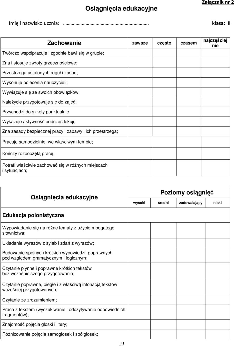 zasad; Wykonuje polecenia nauczycieli; Wywiązuje się ze swoich obowiązków; NaleŜycie przygotowuje się do zajęć; Przychodzi do szkoły punktualnie Wykazuje aktywność podczas lekcji; Zna zasady