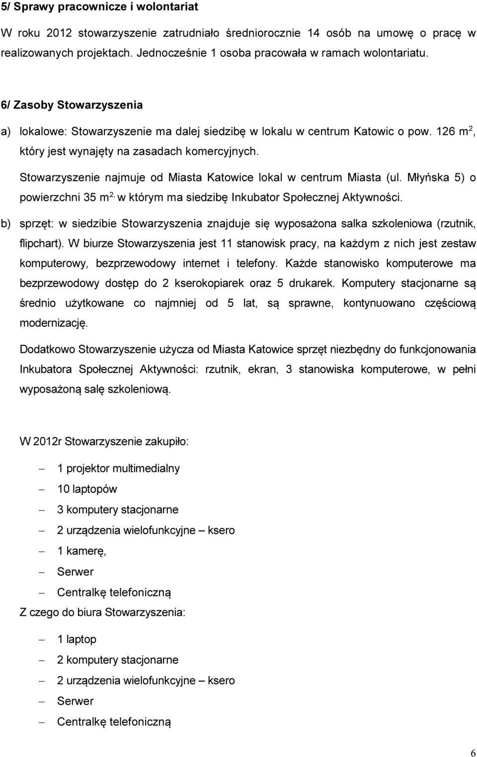 Stowarzyszenie najmuje od Miasta Katowice lokal w centrum Miasta (ul. Młyńska 5) o powierzchni 35 m 2, w którym ma siedzibę Inkubator Społecznej Aktywności.