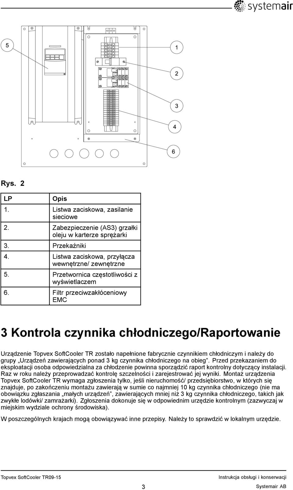 Filtr przeciwzakłóceniowy EMC 3 Kontrola czynnika chłodniczego/raportowanie Urządzenie Topvex SoftCooler TR zostało napełnione fabrycznie czynnikiem chłodniczym i należy do grupy Urządzeń