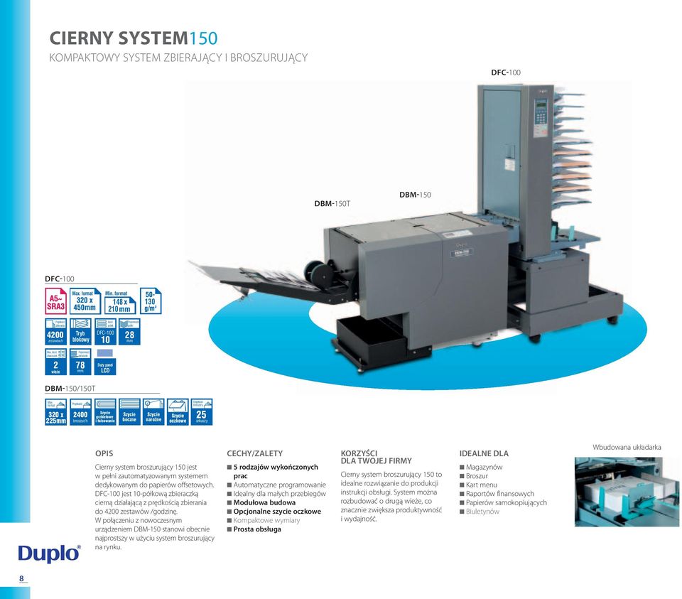 zbieraczek układarki układarki układarki wieże wieże Duży Duży panel panel LCD DBM-150/150T 320 x 225mm Objętość Objętość 320 2400x grzbietowe 2400 grzbietowe 25 25 225mm broszur/h i broszur/h