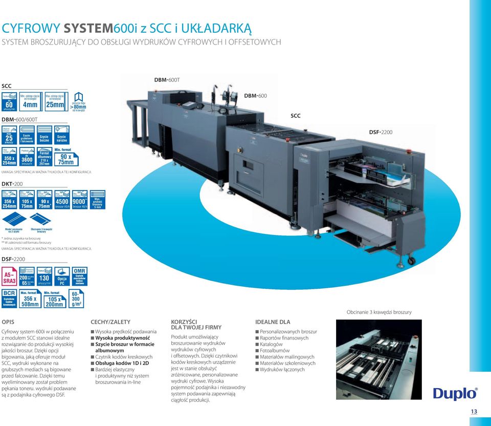 25 grzbietowe i falcowanie boczne narożne DSf-2200 350 x 254mm 3600 do broszur/h Format albumowy 230 210 x 305mm 297mm 90 x 75mm UWAGA: SPECYFIKACJA WAŻNA TYLKO DLA TEJ KONFIGURACJI. DKT-200 1UP Min.
