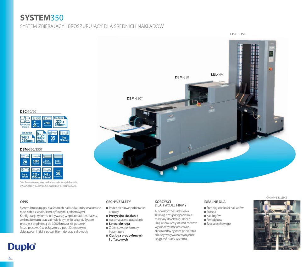 450mm Tryb blokowy Tryb blokowy DBM-350/350T Objętość / falcowanie max. 20 arkuszy arkuszy broszur/h grzbietowe i falcowanie boczne narożne Min. * Pamięć 20 programów *Min.