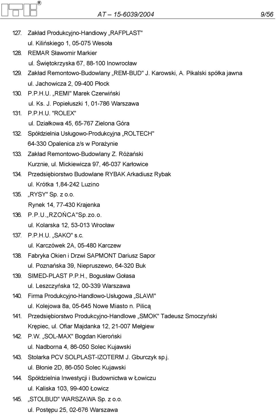 Działkowa 45, 65-767 Zielona Góra 132. Spółdzielnia Usługowo-Produkcyjna ROLTECH" 64-330 Opalenica z/s w Porażynie 133. Zakład Remontowo-Budowlany Z. Różański Kurznie, ul.