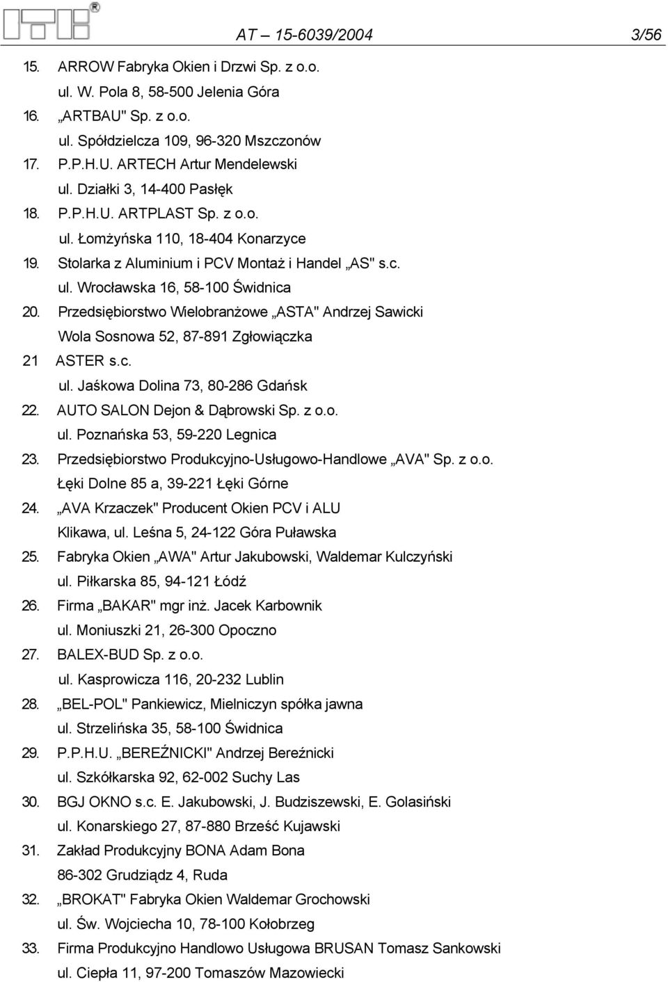 Przedsiębiorstwo Wielobranżowe ASTA" Andrzej Sawicki Wola Sosnowa 52, 87-891 Zgłowiączka 21 ASTER s.c. ul. Jaśkowa Dolina 73, 80-286 Gdańsk 22. AUTO SALON Dejon & Dąbrowski Sp. z o.o. ul. Poznańska 53, 59-220 Legnica 23.