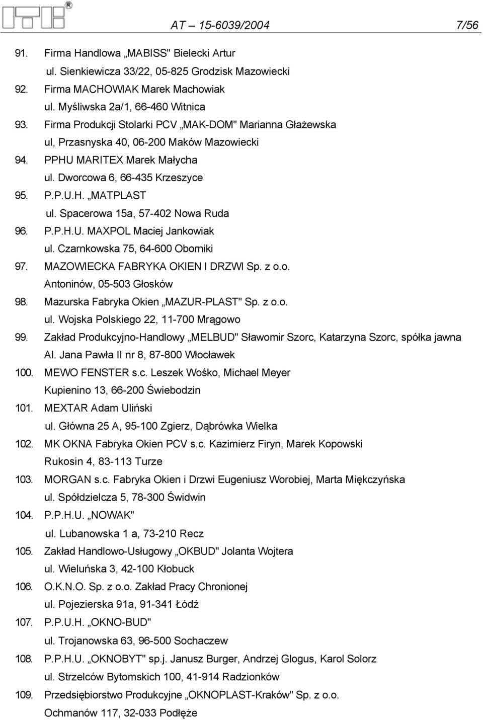 Spacerowa 15a, 57-402 Nowa Ruda 96. P.P.H.U. MAXPOL Maciej Jankowiak ul. Czarnkowska 75, 64-600 Oborniki 97. MAZOWIECKA FABRYKA OKIEN I DRZWI Sp. z o.o. Antoninów, 05-503 Głosków 98.