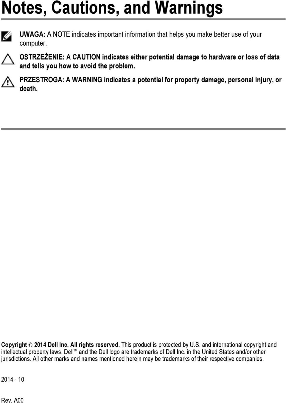 PRZESTROGA: A WARNING indicates a potential for property damage, personal injury, or death. Copyright 2014 Dell Inc. All rights reserved. This product is protected by U.S. and international copyright and intellectual property laws.