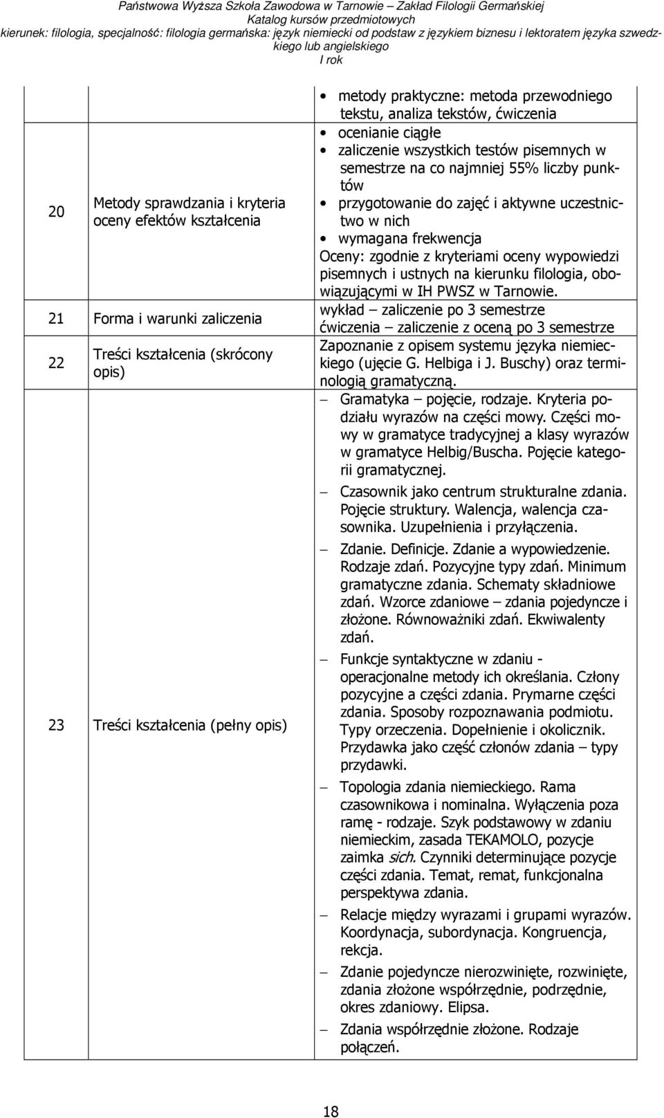 nich wymagana frekwencja Oceny: zgodnie z kryteriami oceny wypowiedzi pisemnych i ustnych na kierunku filologia, obowiązującymi w IH PWSZ w Tarnowie.