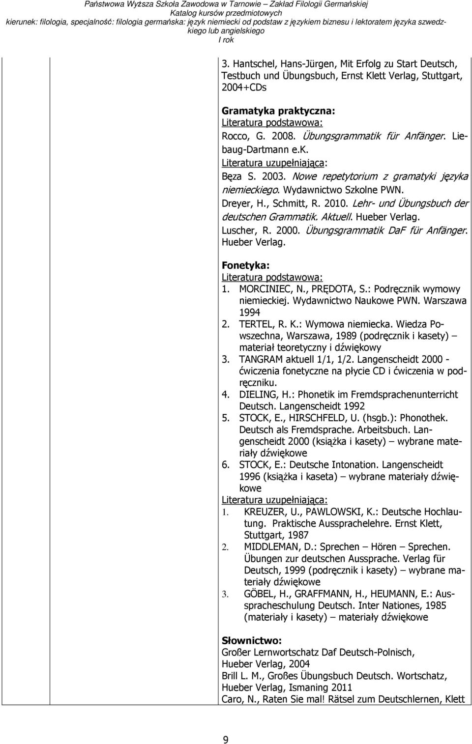 Lehr- und Übungsbuch der deutschen Grammatik. Aktuell. Hueber Verlag. Luscher, R. 2000. Übungsgrammatik DaF für Anfänger. Hueber Verlag. Fonetyka: Literatura podstawowa: 1. MORCINIEC, N., PRĘDOTA, S.