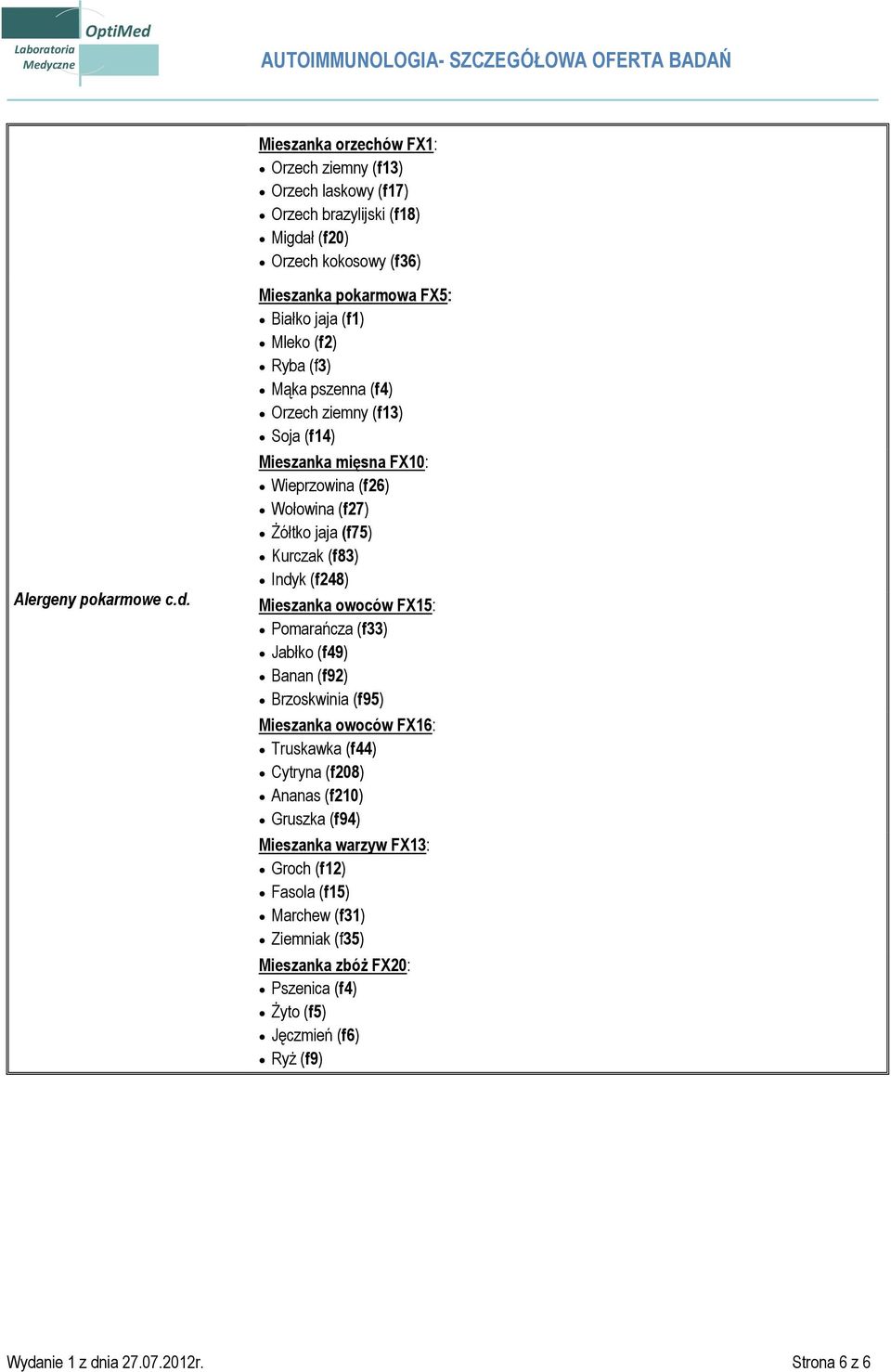 Mieszanka pokarmowa FX5: Białko jaja (f1) Mleko (f2) Ryba (f3) Mąka pszenna (f4) Orzech ziemny (f13) Soja (f14) Mieszanka mięsna FX10: Wieprzowina (f26) Wołowina (f27) Żółtko