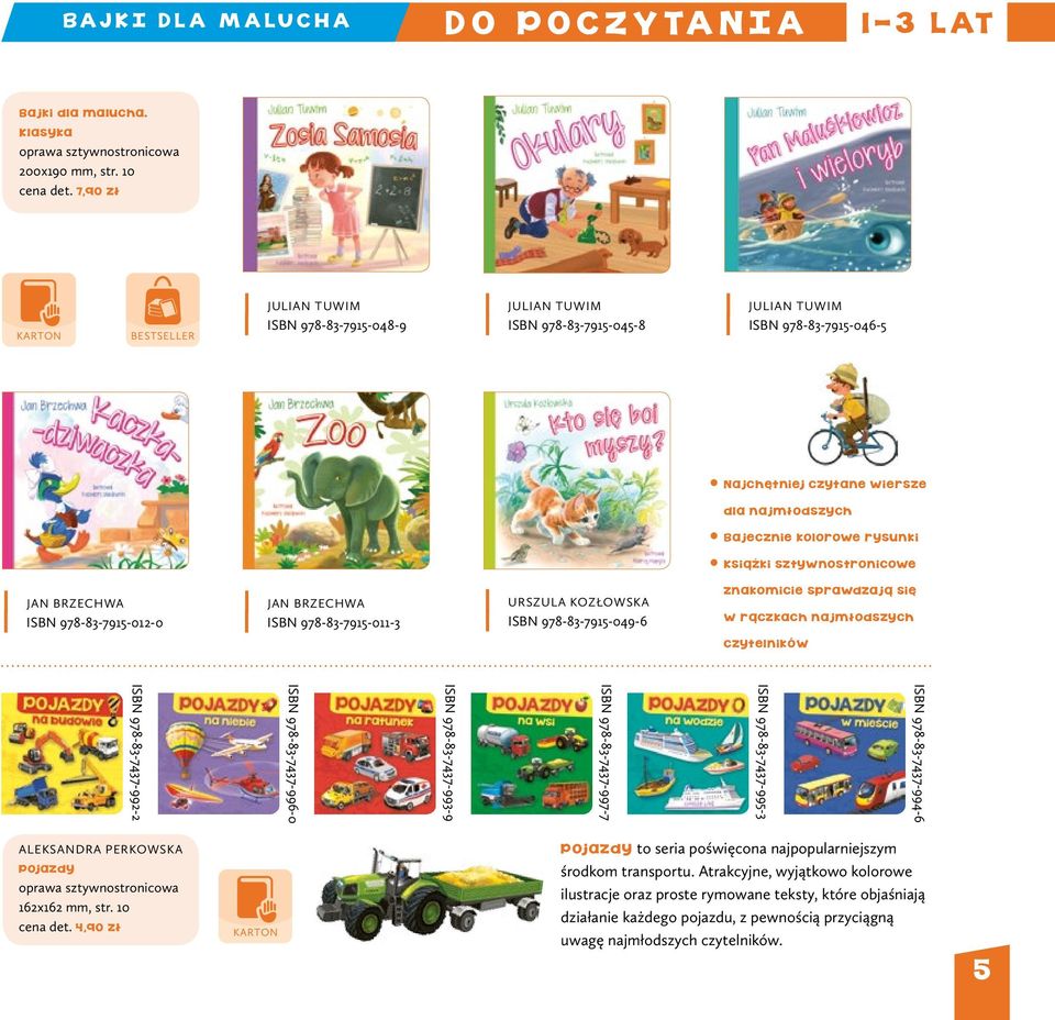 rysunki Książki sztywnostronicowe JAN BRZECHWA ISBN 978-83-7915-012-0 JAN BRZECHWA ISBN 978-83-7915-011-3 URSZULA KOZŁOWSKA ISBN 978-83-7915-049-6 znakomicie sprawdzają się w rączkach najmłodszych
