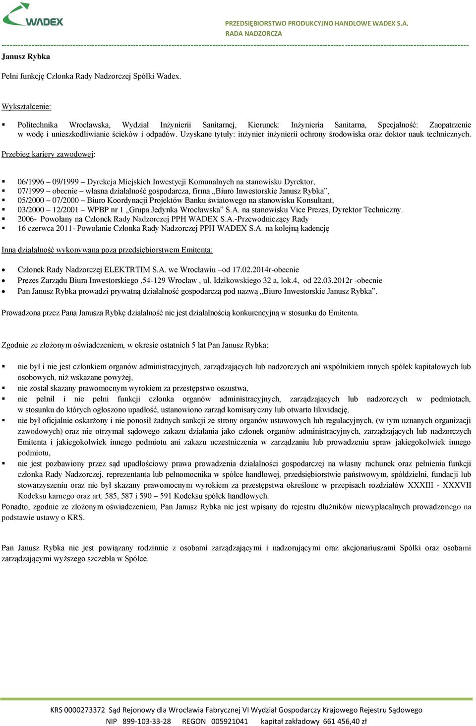 06/1996 09/1999 Dyrekcja Miejskich Inwestycji Komunalnych na stanowisku Dyrektor, 07/1999 obecnie własna działalność gospodarcza, firma Biuro Inwestorskie Janusz Rybka, 05/2000 07/2000 Biuro