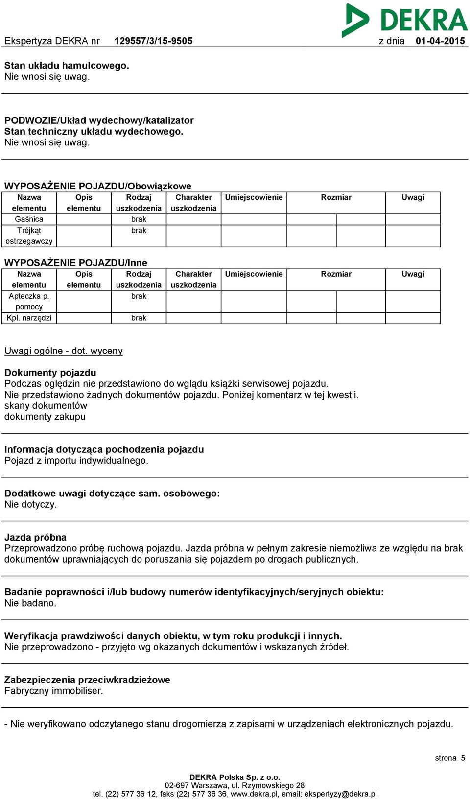 WYPOSAŻENIE POJAZDU/Obowiązkowe Nazwa elementu Gaśnica Trójkąt ostrzegawczy Opis elementu Rodzaj uszkodzenia brak brak Charakter uszkodzenia Umiejscowienie Rozmiar Uwagi Charakter uszkodzenia