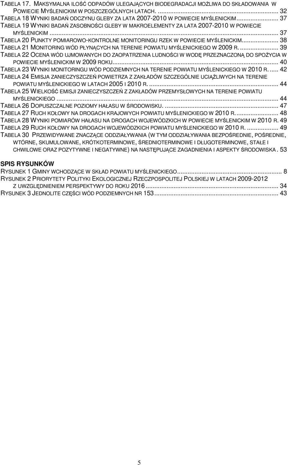 .. 37 TABELA 20 PUNKTY POMIAROWO-KONTROLNE MONITORINGU RZEK W POWIECIE MYŚLENICKIM... 38 TABELA 21 MONITORING WÓD PŁYNĄCYCH NA TERENIE POWIATU MYŚLENICKIEGO W 2009 R.