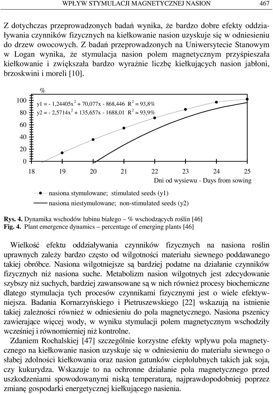 Z badań przeprowadzonych na Uniwersytecie Stanowym w Logan wynika, Ŝe stymulacja nasion polem magnetycznym przyśpieszała kiełkowanie i zwiększała bardzo wyraźnie liczbę kiełkujących nasion jabłoni,