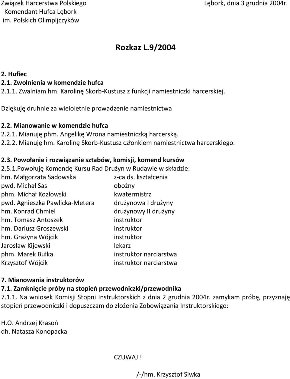 Karolinę Skorb-Kustusz członkiem namiestnictwa harcerskiego. 2.3. Powołanie i rozwiązanie sztabów, komisji, komend kursów 2.5.1.Powołuję Komendę Kursu Rad Drużyn w Rudawie w składzie: hm.