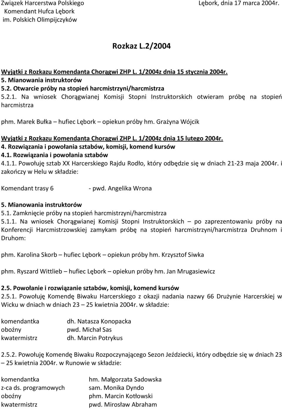 Grażyna Wójcik Wyjątki z Rozkazu Komendanta Chorągwi ZHP L. 1/2004z dnia 15 lutego 2004r. 4. Rozwiązania i powołania sztabów, komisji, komend kursów 4.1. Rozwiązania i powołania sztabów 4.1.1. Powołuję sztab XX Harcerskiego Rajdu Rodło, który odbędzie się w dniach 21-23 maja 2004r.