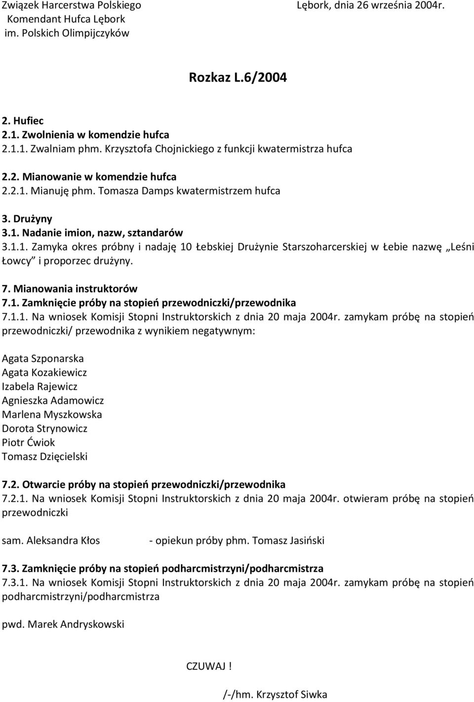 7. Mianowania instruktorów 7.1. Zamknięcie próby na stopieo przewodniczki/przewodnika 7.1.1. Na wniosek Komisji Stopni Instruktorskich z dnia 20 maja 2004r.