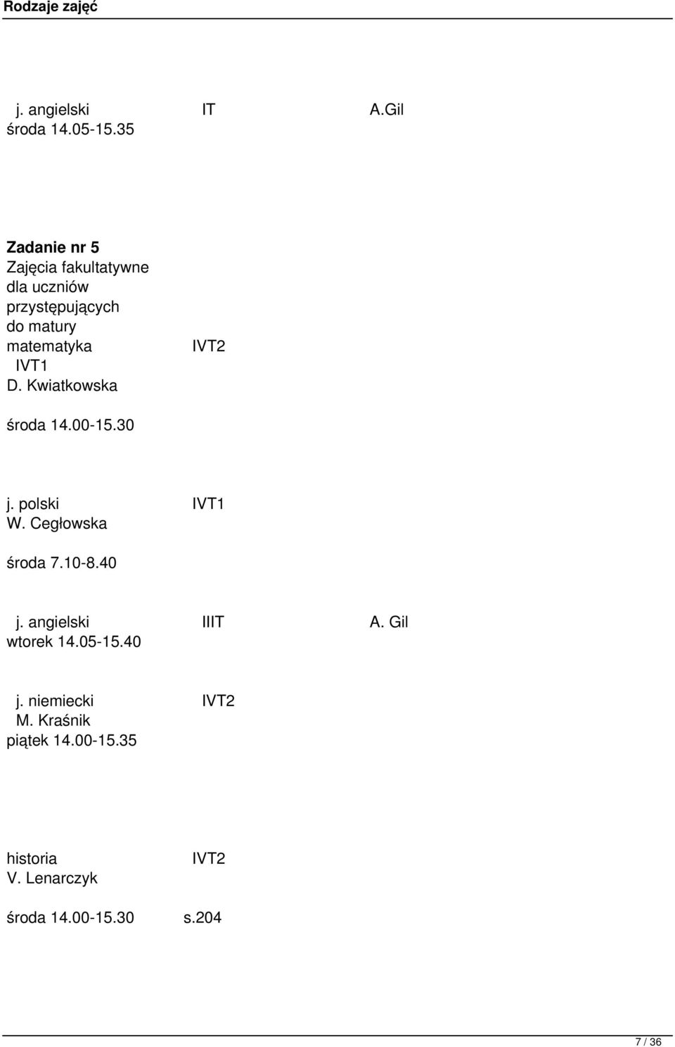 IVT2 IVT1 D. Kwiatkowska środa 14.00-15.30 j. polski IVT1 W. Cegłowska środa 7.10-8.40 j.