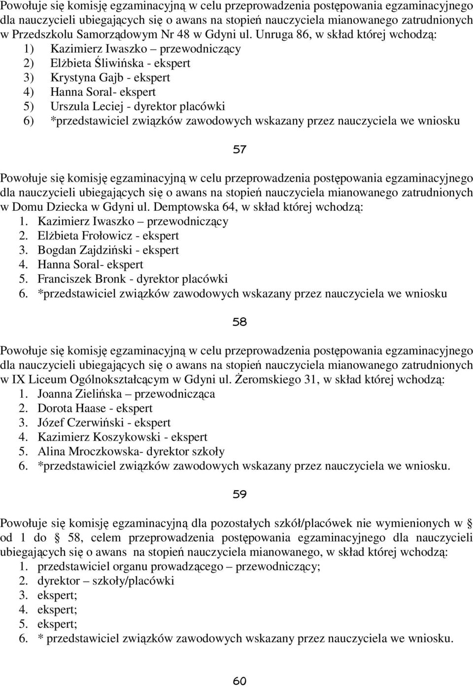 Demptowska 64, w skład której wchodzą: 1. Kazimierz Iwaszko przewodniczący 2. Elżbieta Frołowicz - ekspert 3. Bogdan Zajdziński - ekspert 4. Hanna Soral- ekspert 5.