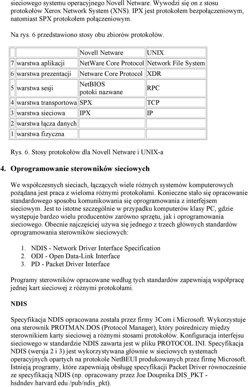 Novell Netware UNIX 7 warstwa aplikacji NetWare Core Protocol Network File System 6 warstwa prezentacji Netware Core Protocol XDR 5 warstwa sesji NetBIOS potoki nazwane RPC 4 warstwa transportowa SPX
