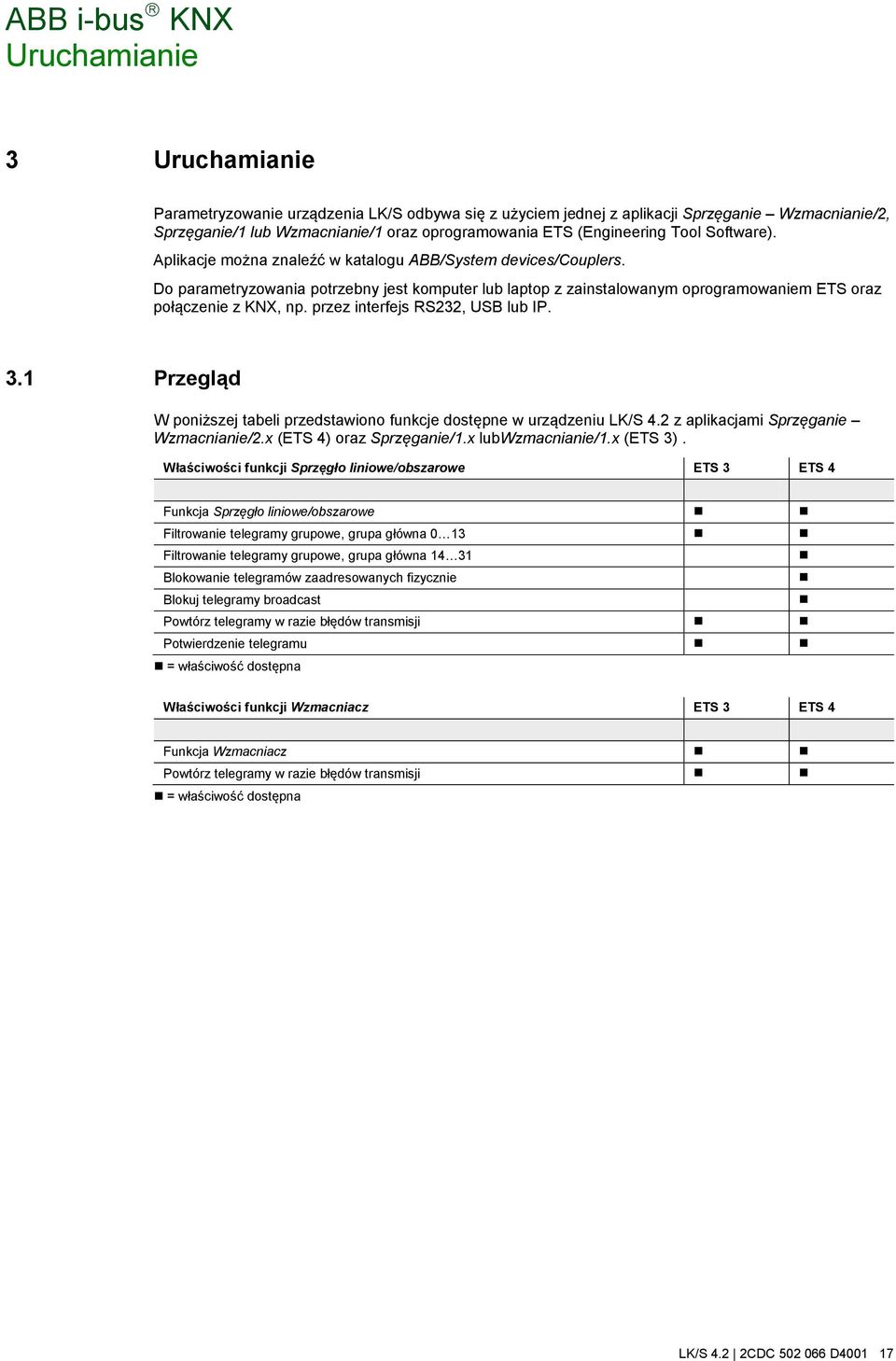 przez interfejs RS232, USB lub IP. 3.1 Przegląd W poniższej tabeli przedstawiono funkcje dostępne w urządzeniu LK/S 4.2 z aplikacjami Sprzęganie Wzmacnianie/2.x (ETS 4) oraz Sprzęganie/1.