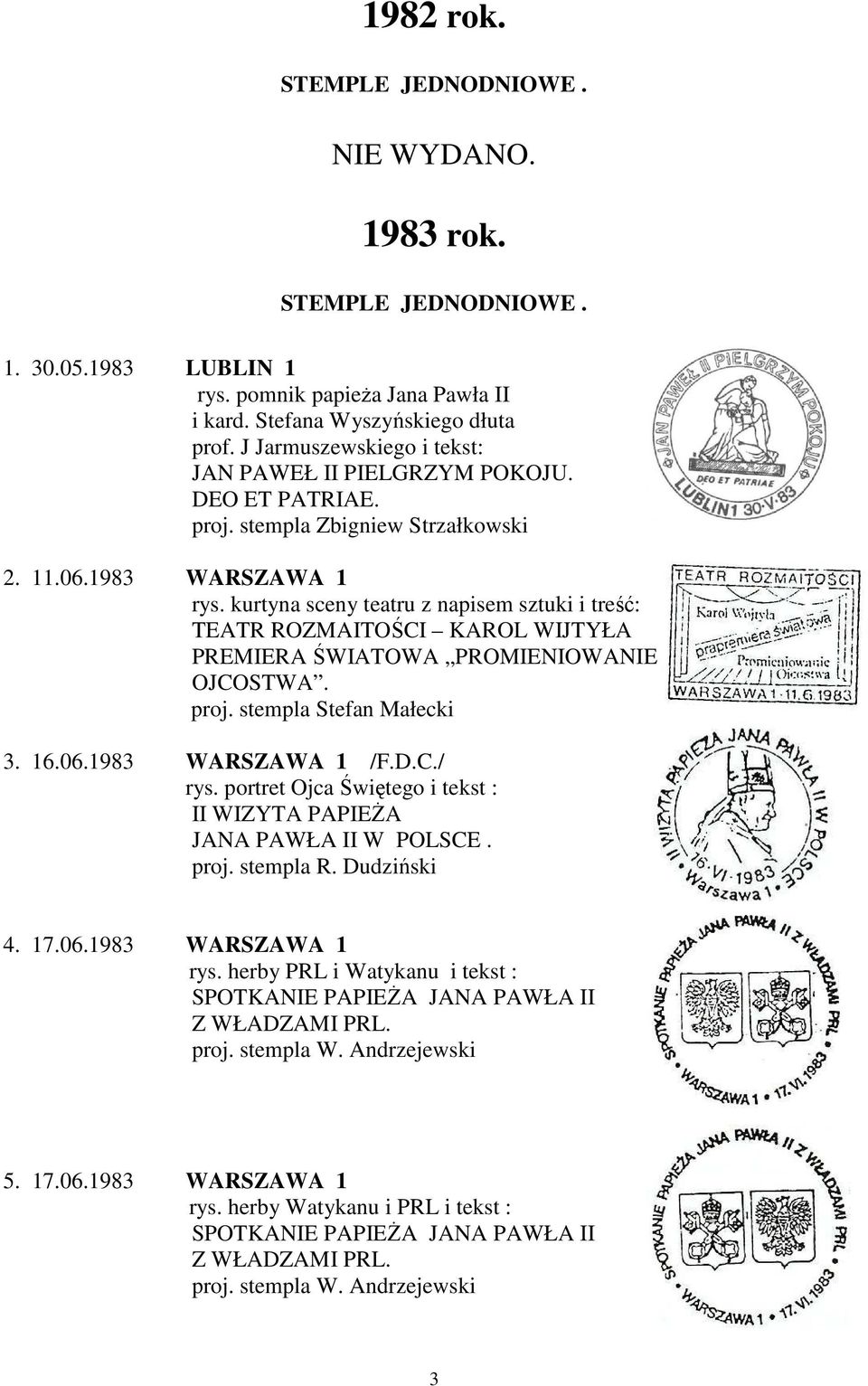 kurtyna sceny teatru z napisem sztuki i treść: TEATR ROZMAITOŚCI KAROL WIJTYŁA PREMIERA ŚWIATOWA PROMIENIOWANIE OJCOSTWA. proj. stempla Stefan Małecki 3. 16.06.1983 WARSZAWA 1 /F.D.C./ rys.