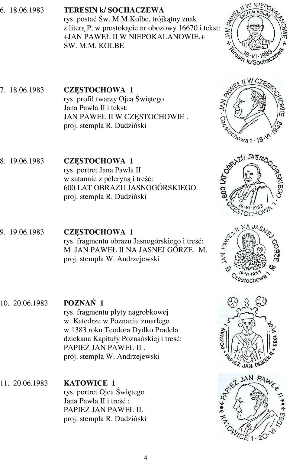 portret Jana Pawła II w sutannie z peleryną i treść: 600 LAT OBRAZU JASNOGÓRSKIEGO. proj. stempla R. Dudziński 9. 19.06.1983 CZĘSTOCHOWA 1 rys.