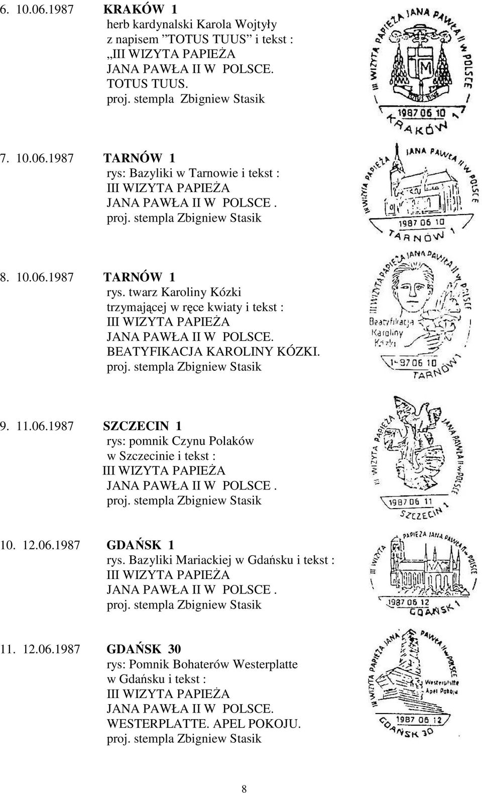 12.06.1987 GDAŃSK 1 rys. Bazyliki Mariackiej w Gdańsku i tekst : 11. 12.06.1987 GDAŃSK 30 rys: Pomnik Bohaterów Westerplatte w Gdańsku i tekst : JANA PAWŁA II W POLSCE.