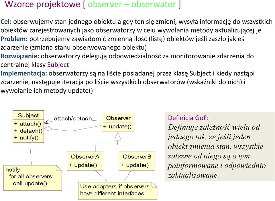 odpowiedzialność za monitorowanie zdarzenia do centralnej klasy Subject Implementacja: obserwatorzy są na liście posiadanej przez klasę Subject i kiedy nastąpi zdarzenie, następuje iteracja po liście